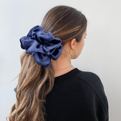 Big Real Silk Scrunchies for Women Large Scrunchie Satin Oversized Silk Thick Elastic Hair Ties Jumbo Hair Scrunchies 3 Pack (Black,Pink,Blue)