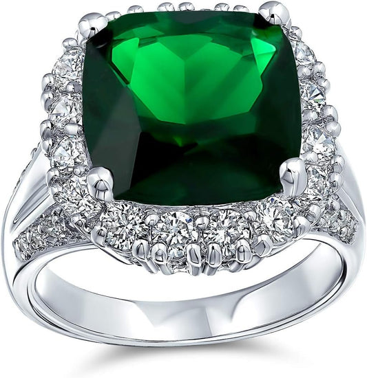 Big Solitaire AAA Cubic Zirconia Pave CZ 5 - 7CTW Cushion Emerald Cut Simulated Ruby Red Green Vintage Art Deco Style Halo Cocktail Statement Ring for Women Silver Plated Customizable - WORLD TIME VISITS