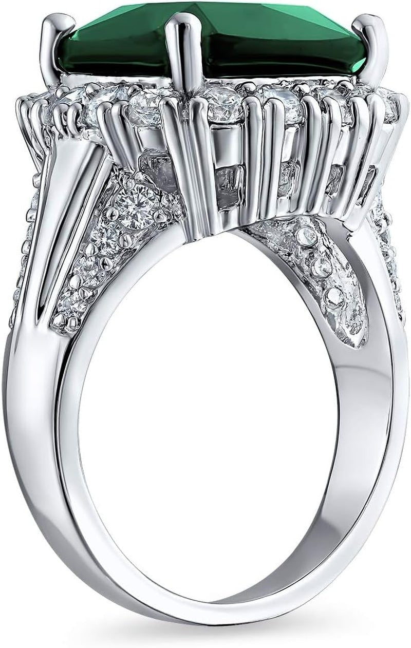 Big Solitaire AAA Cubic Zirconia Pave CZ 5 - 7CTW Cushion Emerald Cut Simulated Ruby Red Green Vintage Art Deco Style Halo Cocktail Statement Ring for Women Silver Plated Customizable - WORLD TIME VISITS
