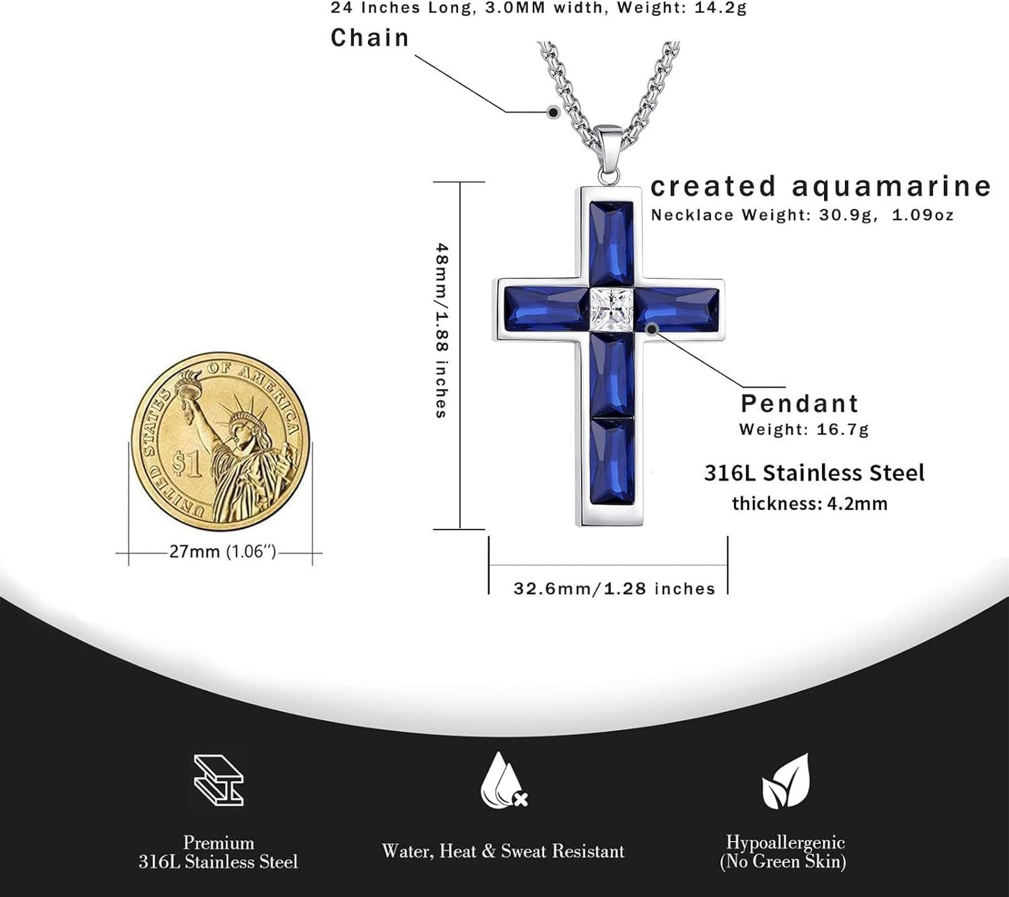 Birthstone Cross Necklace for Men, 316L Stainless Steel with Cubic Zirconia Cross Pendant Necklace for Women, 24Inch Chain Handmade Jewelry