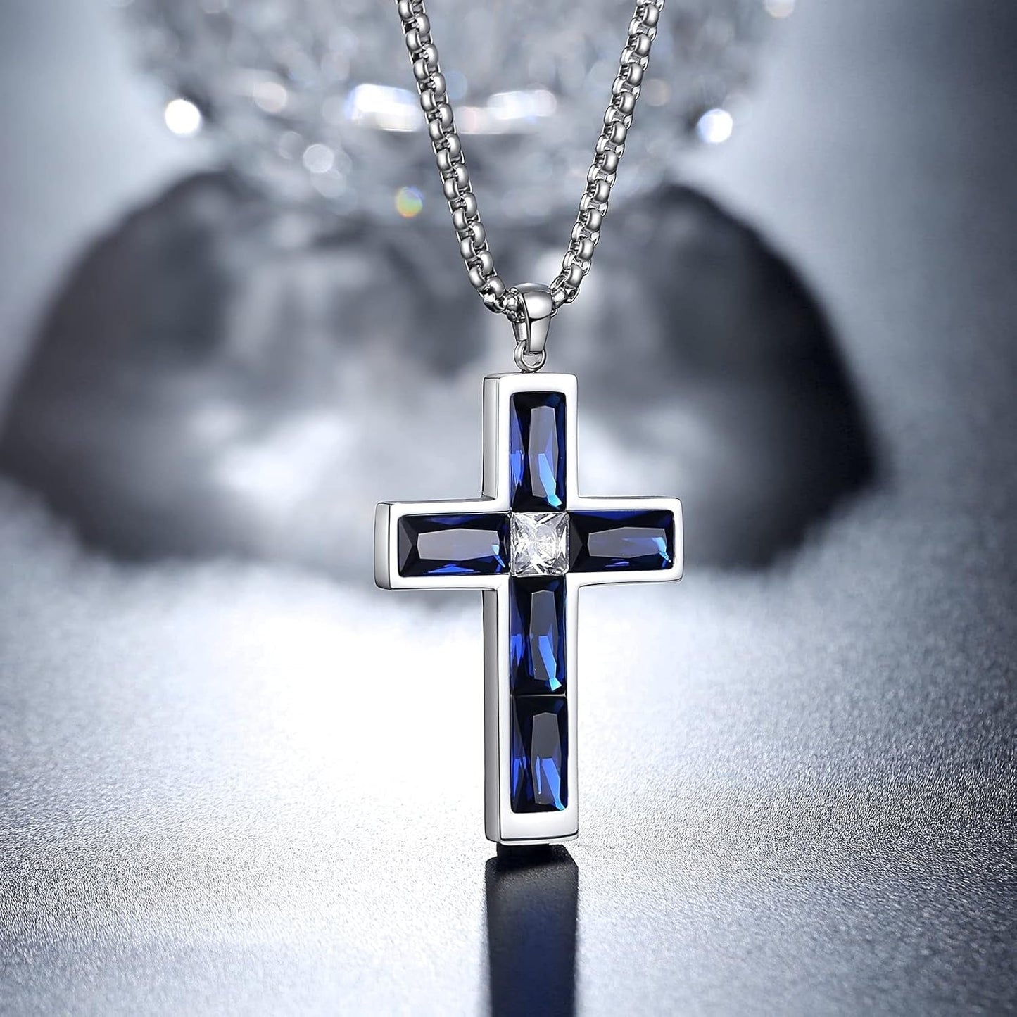 Birthstone Cross Necklace for Men, 316L Stainless Steel with Cubic Zirconia Cross Pendant Necklace for Women, 24Inch Chain Handmade Jewelry - WORLD TIME VISITS