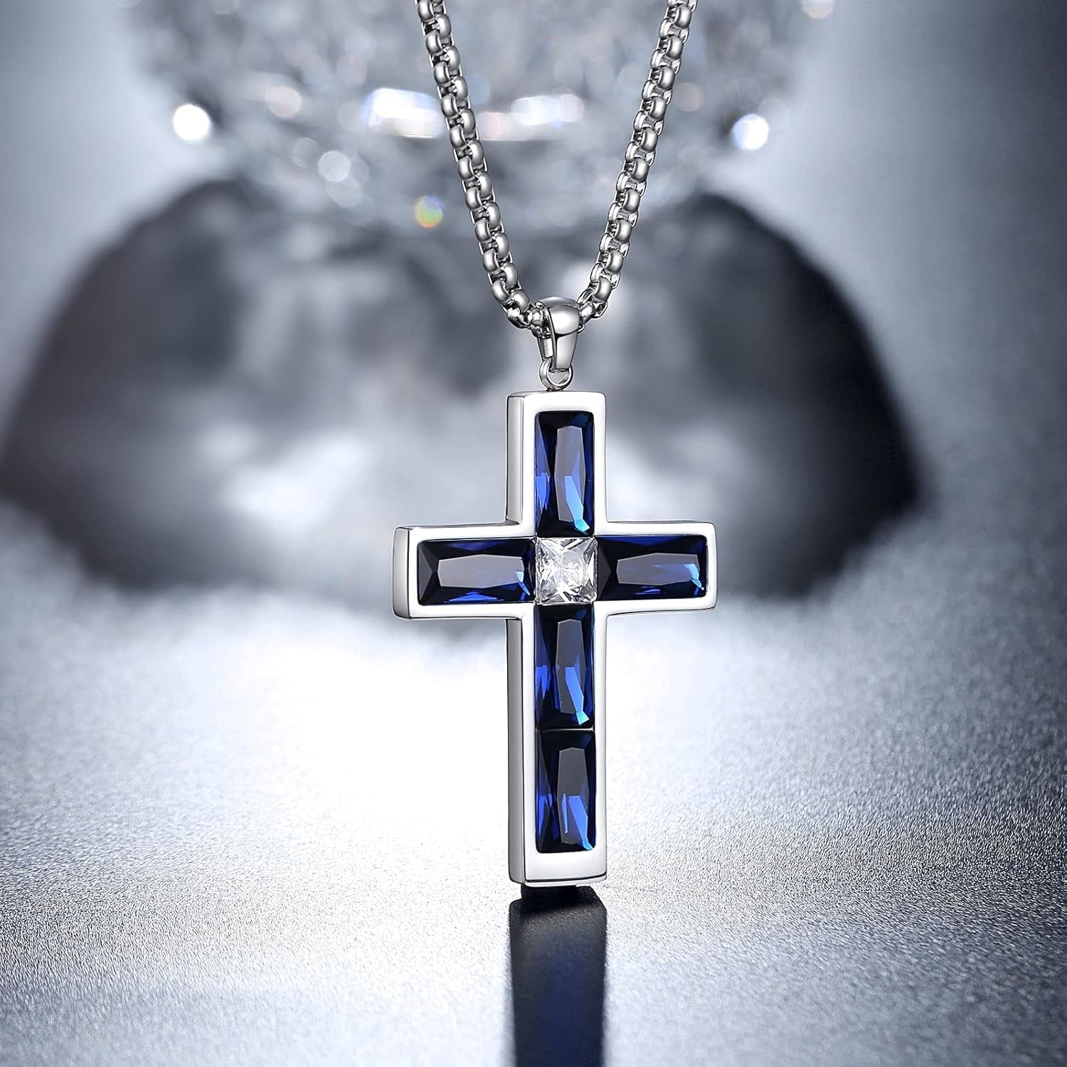 Birthstone Cross Necklace for Men, 316L Stainless Steel with Cubic Zirconia Cross Pendant Necklace for Women, 24Inch Chain Handmade Jewelry - WORLD TIME VISITS