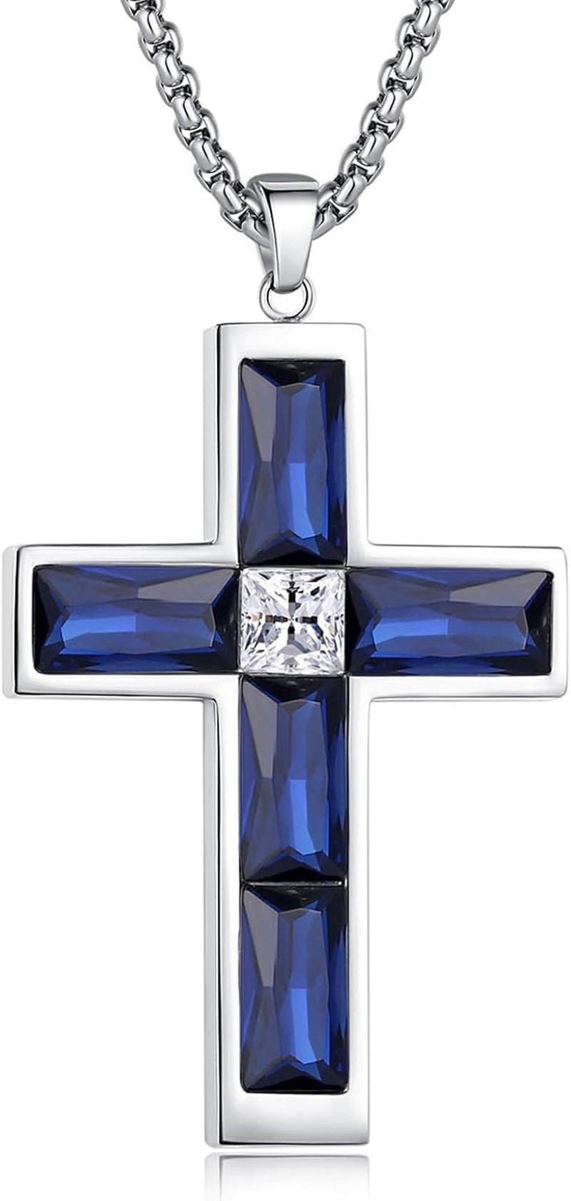 Birthstone Cross Necklace for Men, 316L Stainless Steel with Cubic Zirconia Cross Pendant Necklace for Women, 24Inch Chain Handmade Jewelry - WORLD TIME VISITS