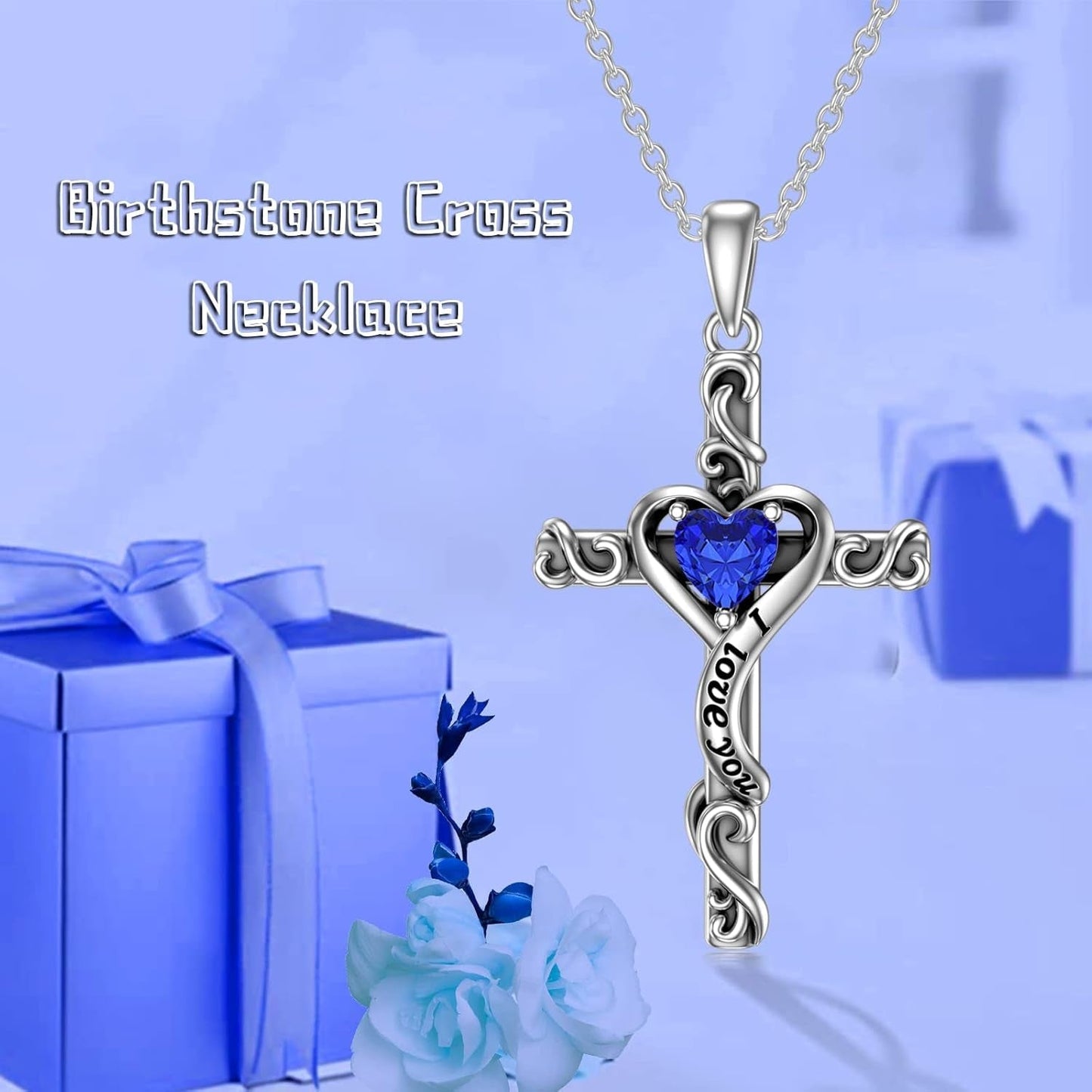 Birthstone Cross Necklace for Women 925 Sterling Silver Heart Cross Pendant Necklace I Love You Jewelry Anniversary Birthday Gifts for Her Mom