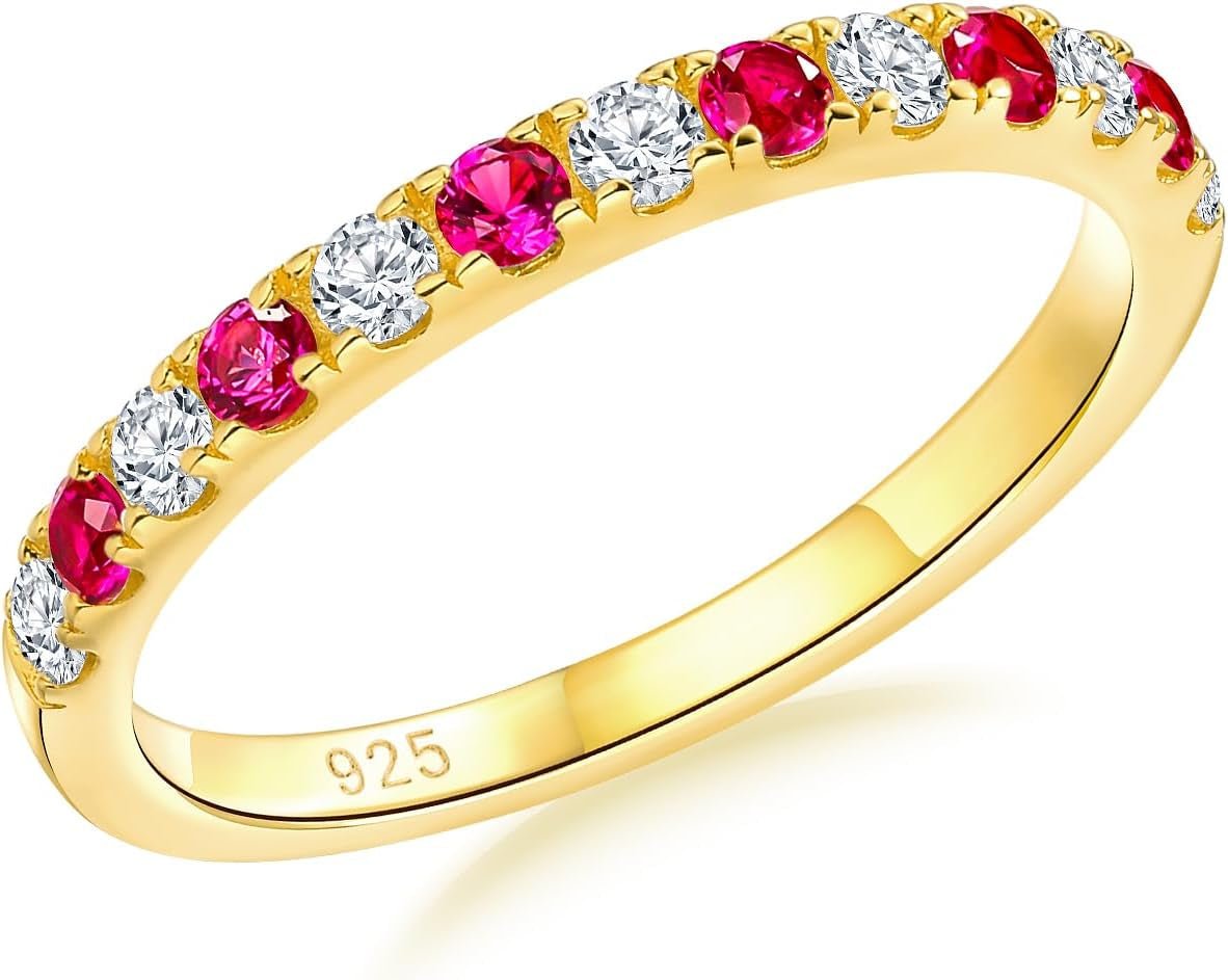 Birthstone Rings Eternity Band 925 Sterling Silver/Yellow Gold Created Gemstone Stackable Wedding Band Half Eternity Rings for Women Size 6 to 10 - WORLD TIME VISITS