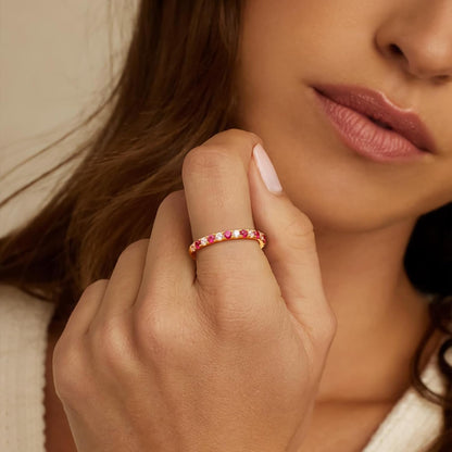 Birthstone Rings Eternity Band 925 Sterling Silver/Yellow Gold Created Gemstone Stackable Wedding Band Half Eternity Rings for Women Size 6 to 10 - WORLD TIME VISITS