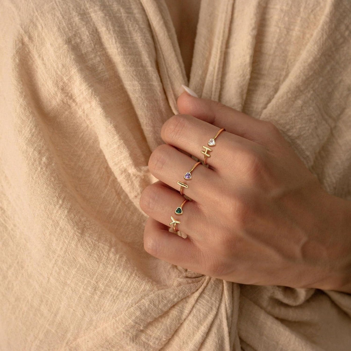 Birthstone Rings for Women 26 A-Z Initial Ring Adjustable 14K Gold Ring Birthday Gifts for Her Rings for Teen Sister Bridesmaid Gifts Dainty Letter Jewelry