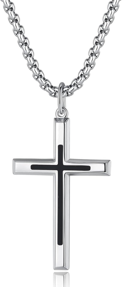 Black Cross Necklaces Sterling Silver Cross Pendant Polished Long Necklace Fine Jewelry Christmas Gift for Men,Stainless Steel Box Chain Length 24'' - WORLD TIME VISITS