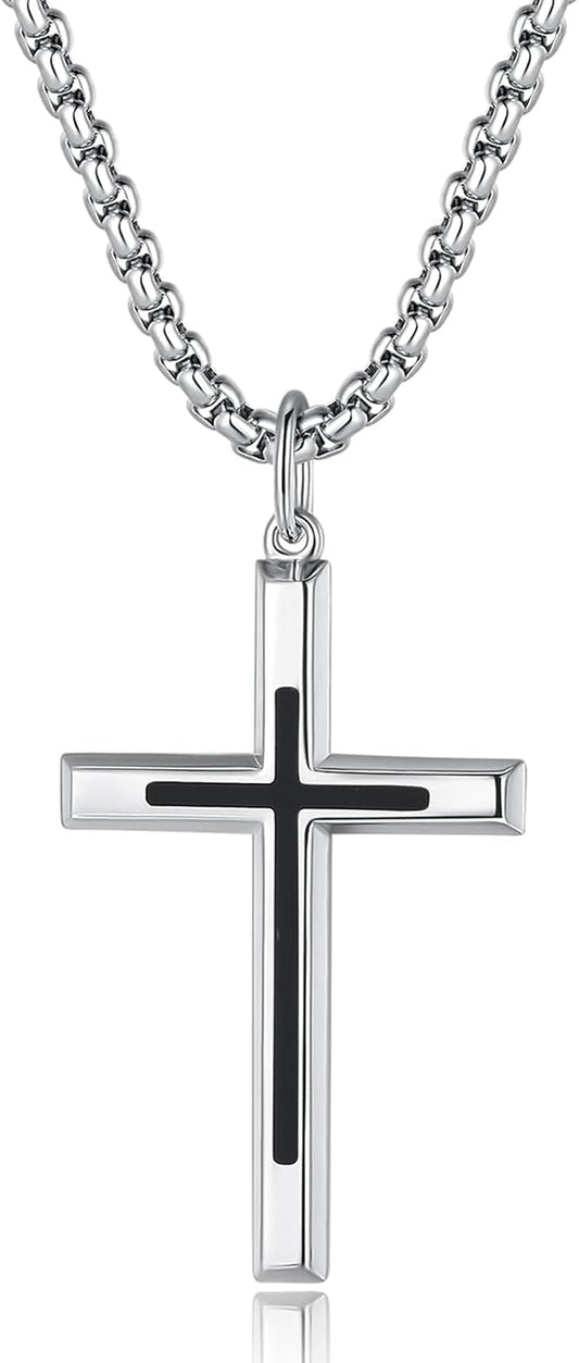 Black Cross Necklaces Sterling Silver Cross Pendant Polished Long Necklace Fine Jewelry Christmas Gift for Men,Stainless Steel Box Chain Length 24'' - WORLD TIME VISITS
