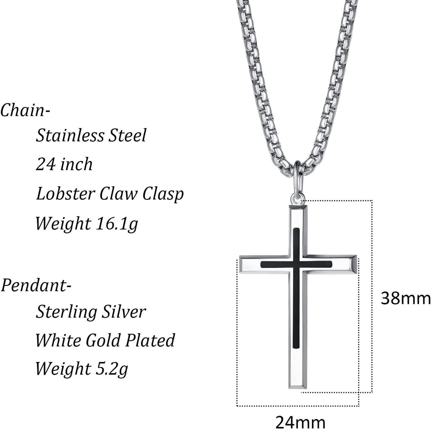 Black Cross Necklaces Sterling Silver Cross Pendant Polished Long Necklace Fine Jewelry Christmas Gift for Men,Stainless Steel Box Chain Length 24''