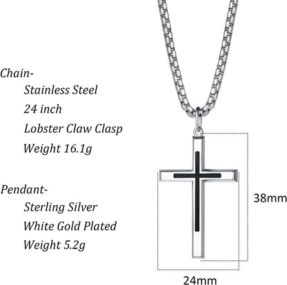 Black Cross Necklaces Sterling Silver Cross Pendant Polished Long Necklace Fine Jewelry Christmas Gift for Men,Stainless Steel Box Chain Length 24''