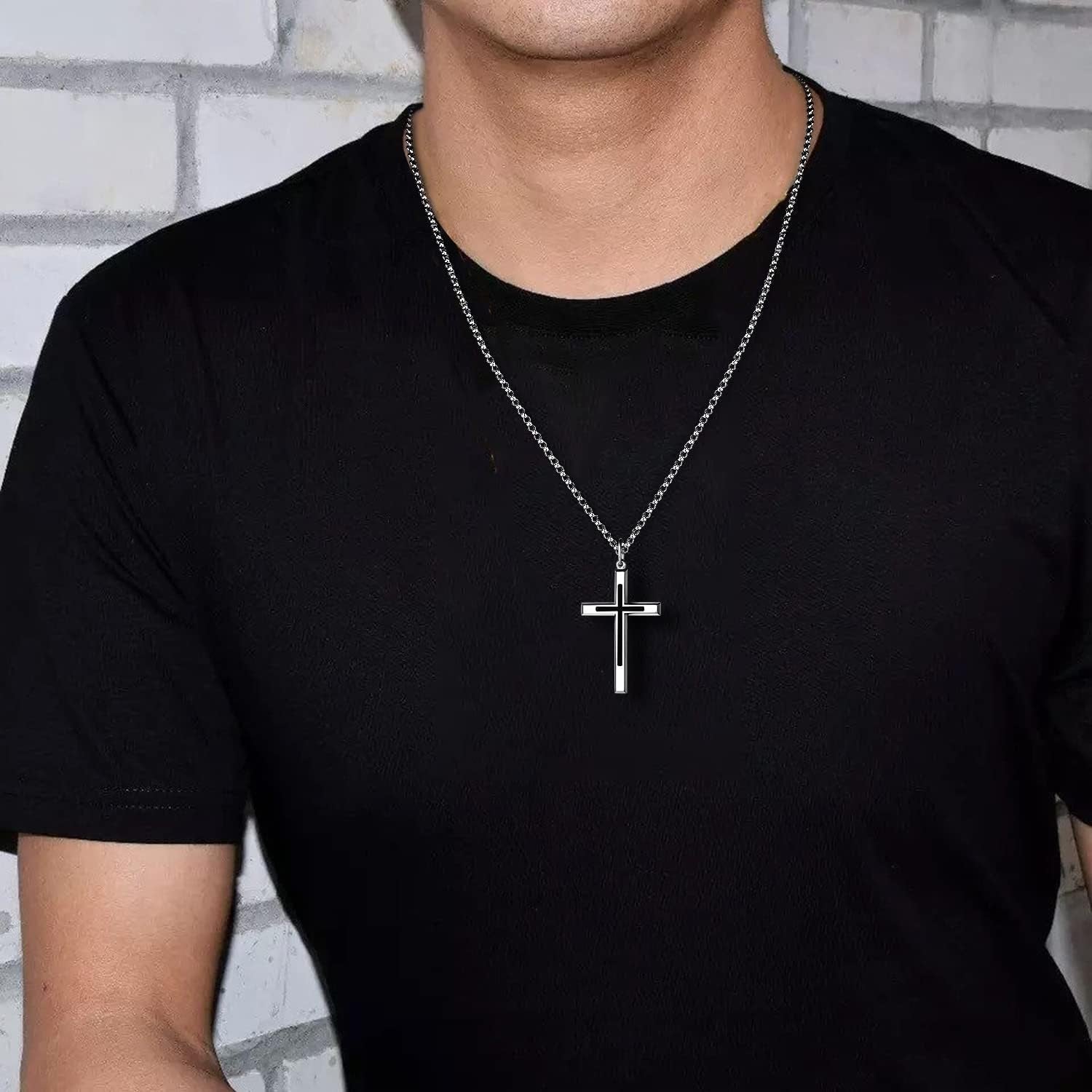 Black Cross Necklaces Sterling Silver Cross Pendant Polished Long Necklace Fine Jewelry Christmas Gift for Men,Stainless Steel Box Chain Length 24'' - WORLD TIME VISITS