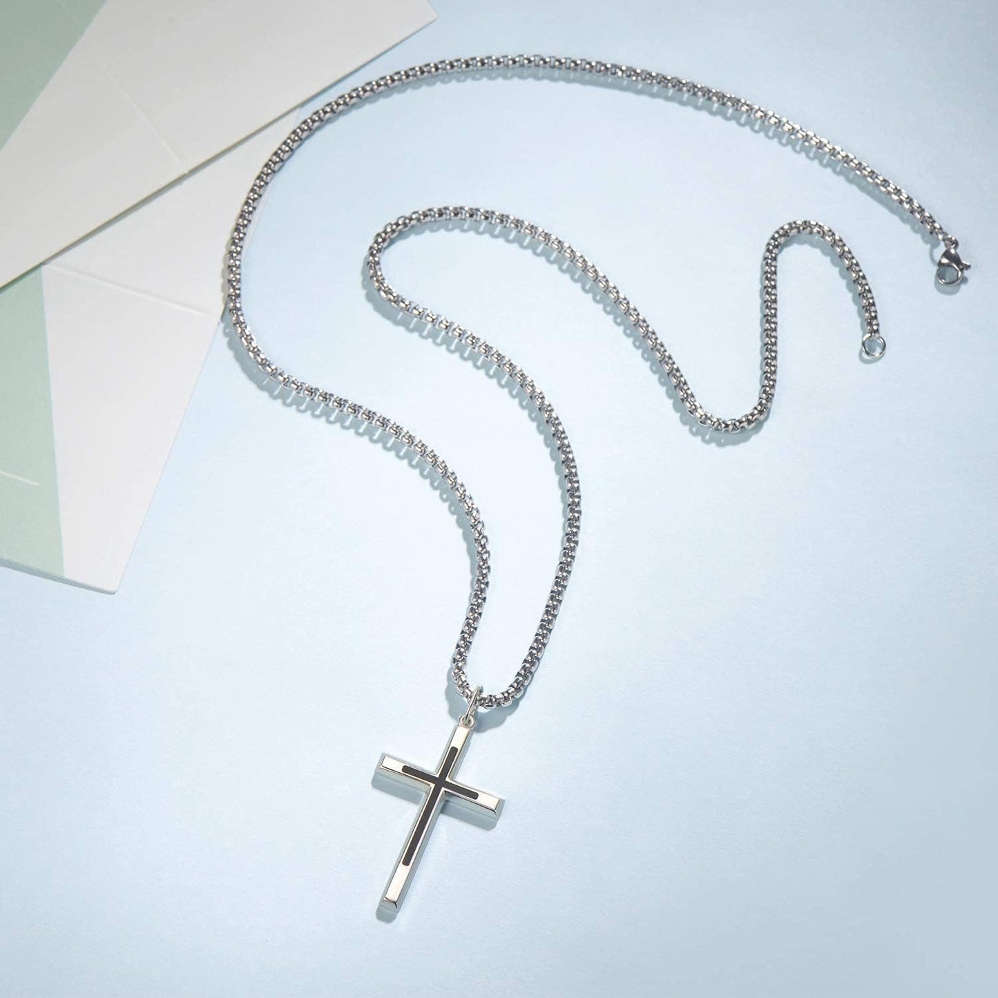 Black Cross Necklaces Sterling Silver Cross Pendant Polished Long Necklace Fine Jewelry Christmas Gift for Men,Stainless Steel Box Chain Length 24''
