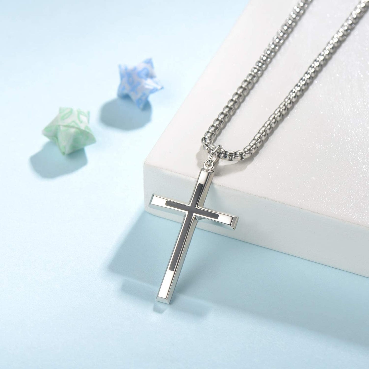 Black Cross Necklaces Sterling Silver Cross Pendant Polished Long Necklace Fine Jewelry Christmas Gift for Men,Stainless Steel Box Chain Length 24''