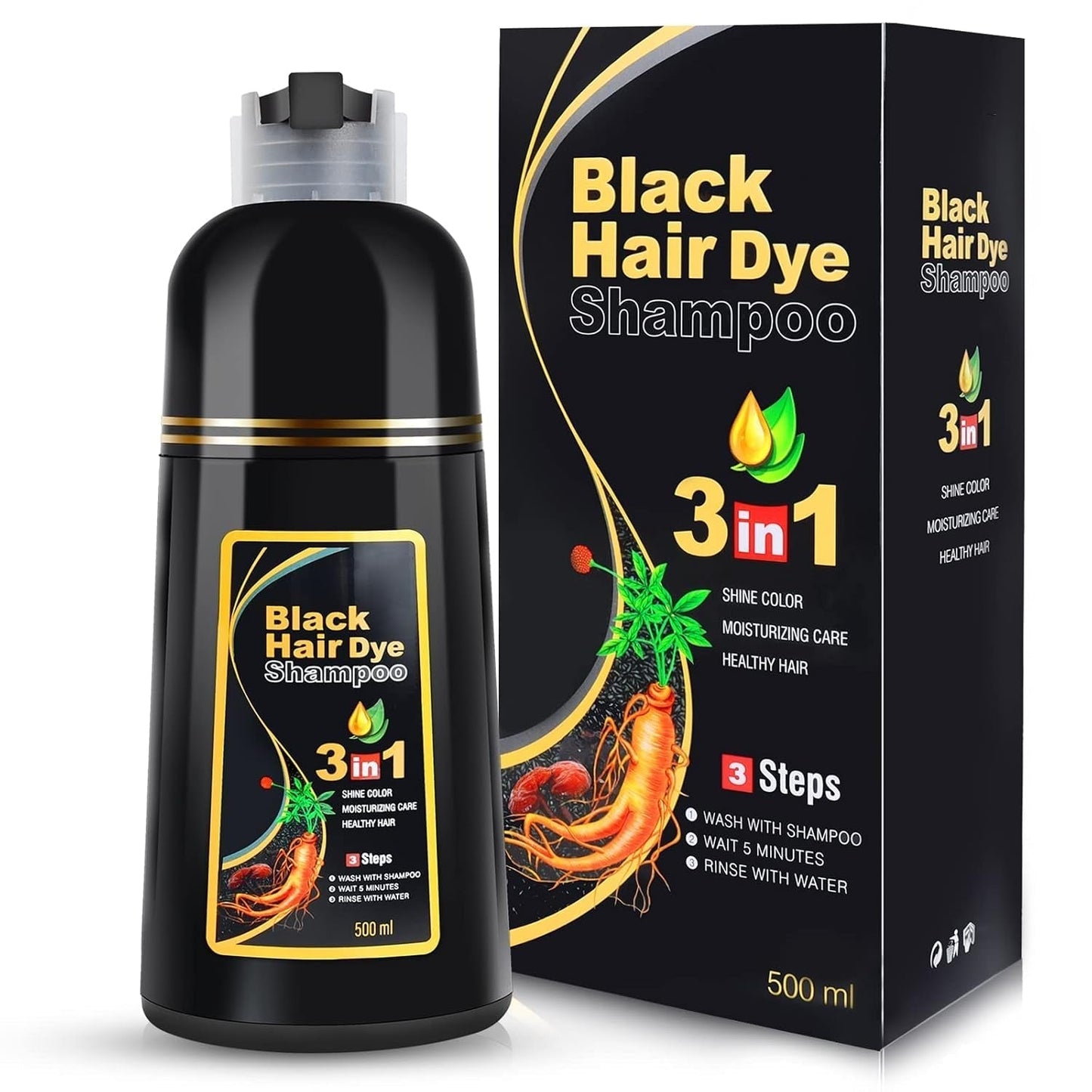 Black Hair Dye Shampoo 3 in 1 for Gray Hair, Hair Color Shampoo for Women and Men, Instant Shampoo Hair Dye - 100% Grey Hair Coverage (16.9 Fl Oz) - WORLD TIME VISITS