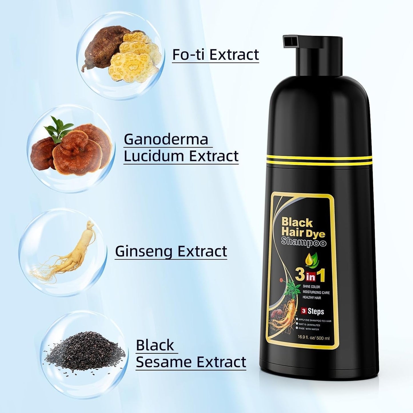 Black Hair Dye Shampoo 3 in 1 Hair Color Shampoo for Women & Men for Gray Hair Coverage for Instant Herbal Natural Champu Para Canas Mujer