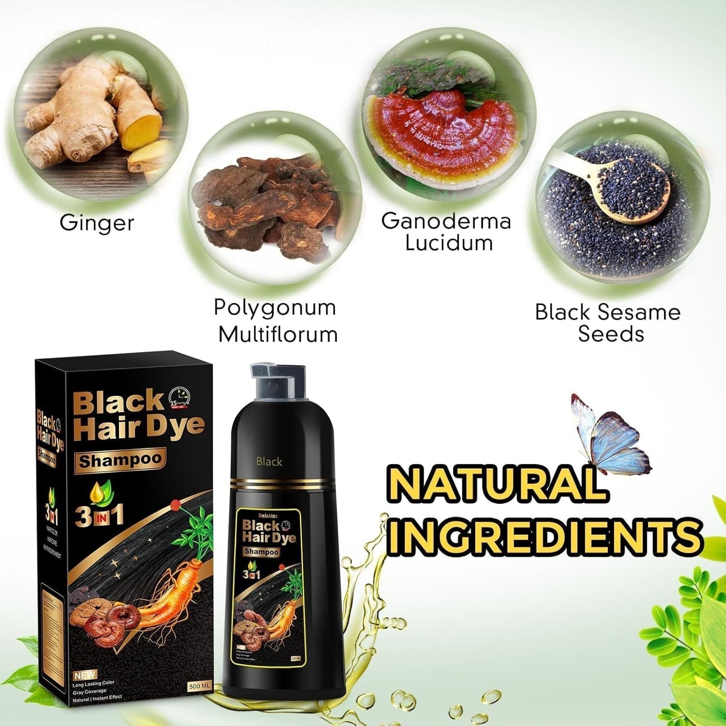 Black Hair Dye Shampoo for Gray Hair, 3 in 1 Black Hair Dye for Women Men, Herbal Gray Coverage, 500Ml (Black)