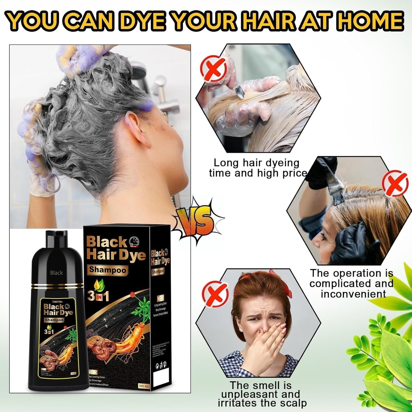 Black Hair Dye Shampoo for Gray Hair, 3 in 1 Black Hair Dye for Women Men, Herbal Gray Coverage, 500Ml (Black)