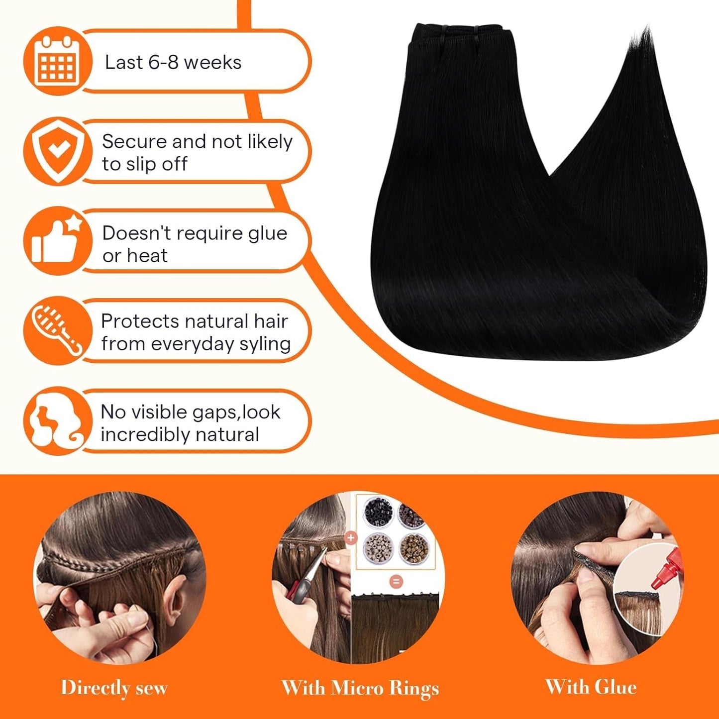 Black Hair Extensions Real Human Hair Sew in Bundles 20 Inch Weft Hair Extensions Human Hair Black Straight Human Hair Bundles Double Weft Real Human Hair Extensions for Black Women 105G