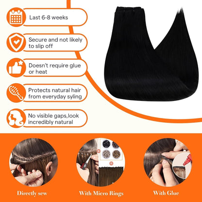 Black Hair Extensions Real Human Hair Sew in Bundles 20 Inch Weft Hair Extensions Human Hair Black Straight Human Hair Bundles Double Weft Real Human Hair Extensions for Black Women 105G