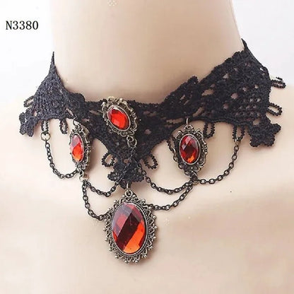Black Lace Necklace Chokers Vintage Style Female Gothic Wedding Red Rose Crystal Diamond Pendant Collarbone Necklaces Chain Accessories for Women Girls