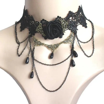 Black Lace Necklace Chokers Vintage Style Female Gothic Wedding Red Rose Crystal Diamond Pendant Collarbone Necklaces Chain Accessories for Women Girls