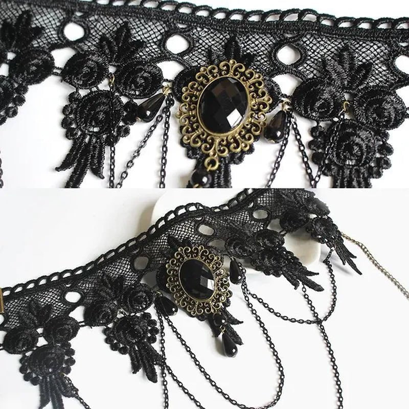 Black Lace Necklace Chokers Vintage Style Female Gothic Wedding Red Rose Crystal Diamond Pendant Collarbone Necklaces Chain Accessories for Women Girls