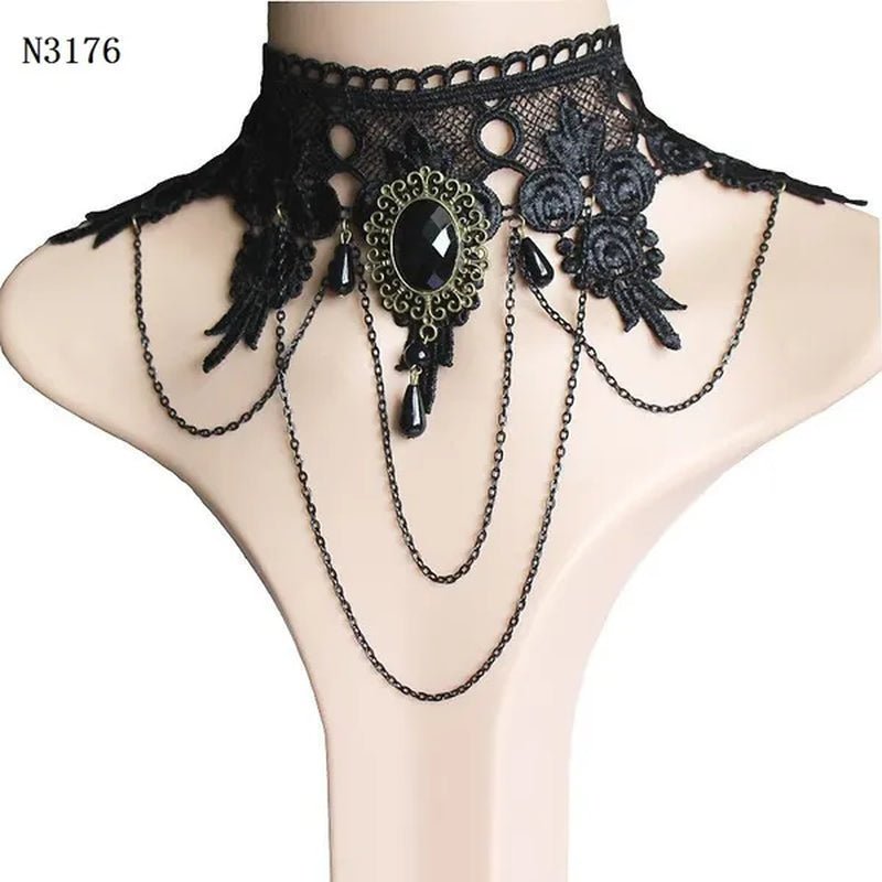 Black Lace Necklace Chokers Vintage Style Female Gothic Wedding Red Rose Crystal Diamond Pendant Collarbone Necklaces Chain Accessories for Women Girls - WORLD TIME VISITS