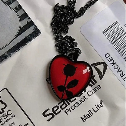 Black Rose Necklace, Red Heart Pendant, Glass Cameo Necklace, Gothic Victorian, Romantic Valentine Gift Idea, Gothic Jewelry, Handmade