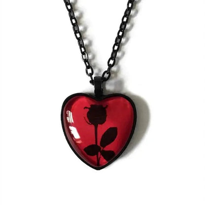 Black Rose Necklace, Red Heart Pendant, Glass Cameo Necklace, Gothic Victorian, Romantic Valentine Gift Idea, Gothic Jewelry, Handmade