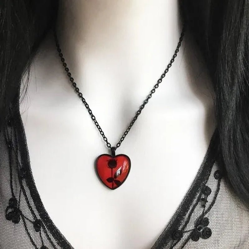 Black Rose Necklace, Red Heart Pendant, Glass Cameo Necklace, Gothic Victorian, Romantic Valentine Gift Idea, Gothic Jewelry, Handmade - WORLD TIME VISITS