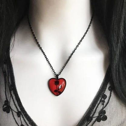 Black Rose Necklace, Red Heart Pendant, Glass Cameo Necklace, Gothic Victorian, Romantic Valentine Gift Idea, Gothic Jewelry, Handmade - WORLD TIME VISITS