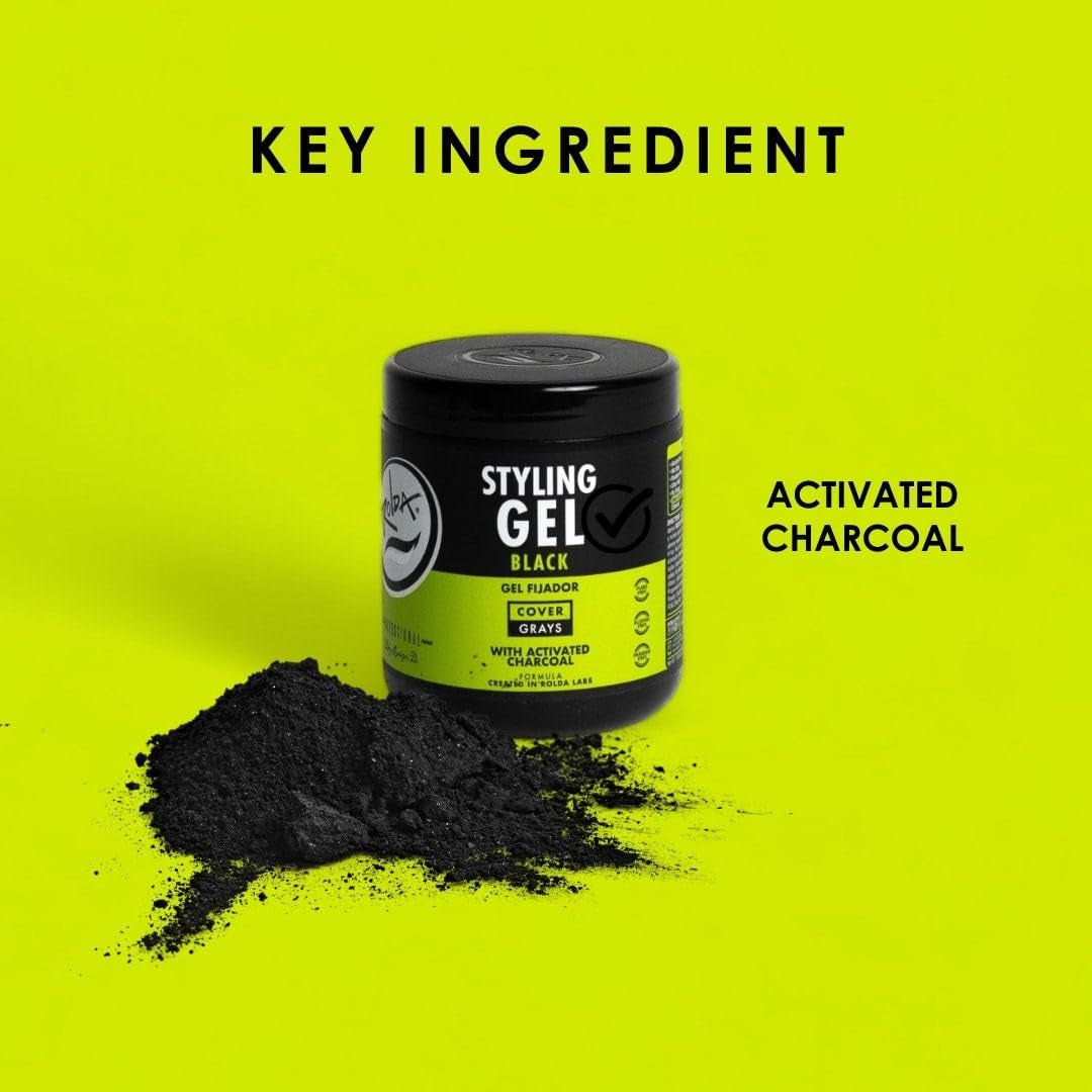 Black Styling Hair Gel - Medium to Strong Hold with Medium Shine for a Wet Slicked Back Look with All Day Hold - Activated Black Charcoal Covers Grey Hair Instantly 17.6Oz