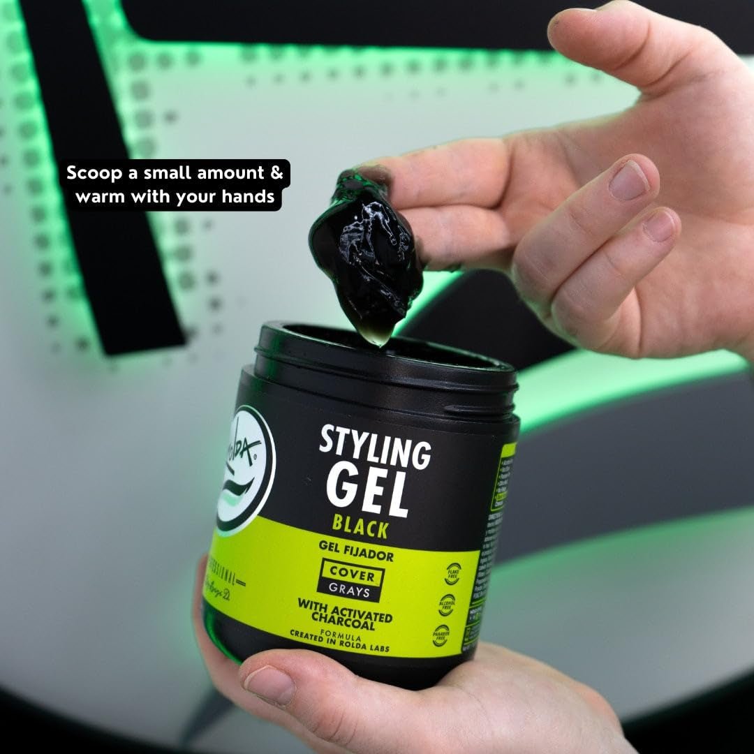 Black Styling Hair Gel - Medium to Strong Hold with Medium Shine for a Wet Slicked Back Look with All Day Hold - Activated Black Charcoal Covers Grey Hair Instantly 17.6Oz