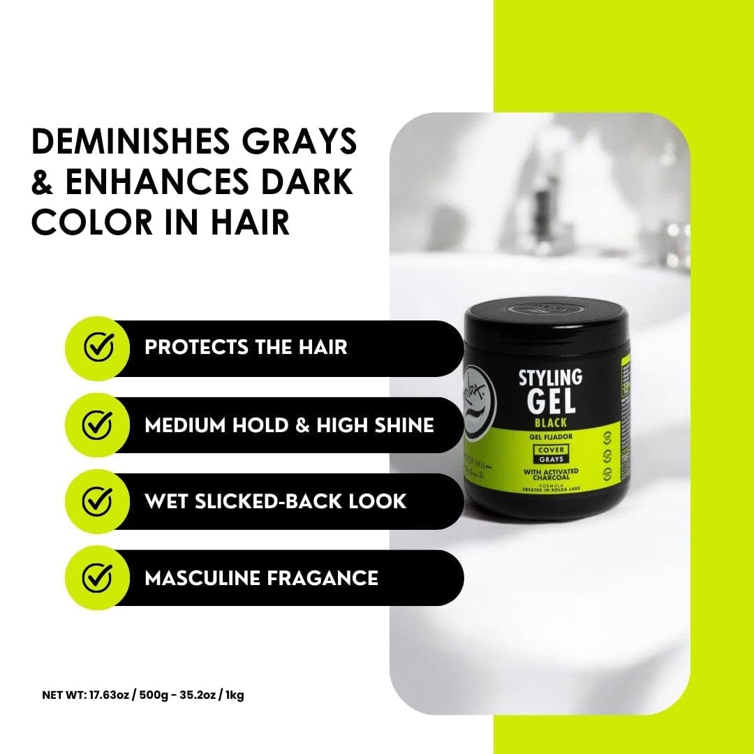 Black Styling Hair Gel - Medium to Strong Hold with Medium Shine for a Wet Slicked Back Look with All Day Hold - Activated Black Charcoal Covers Grey Hair Instantly 17.6Oz