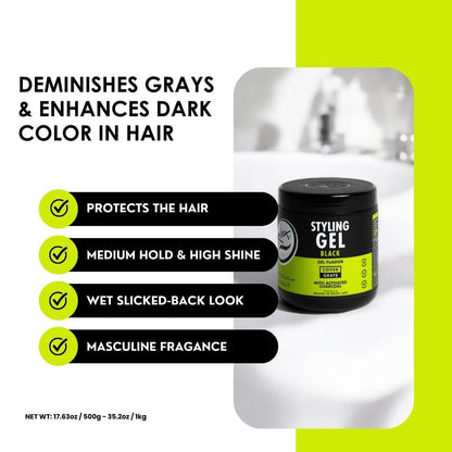 Black Styling Hair Gel - Medium to Strong Hold with Medium Shine for a Wet Slicked Back Look with All Day Hold - Activated Black Charcoal Covers Grey Hair Instantly 17.6Oz