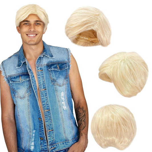 ' - Blonde Beach Dude Wig - Short Synthetic Layered Bleach Blond Doll Costume Hair for Men with Adjustable Wig Cap - WORLD TIME VISITS