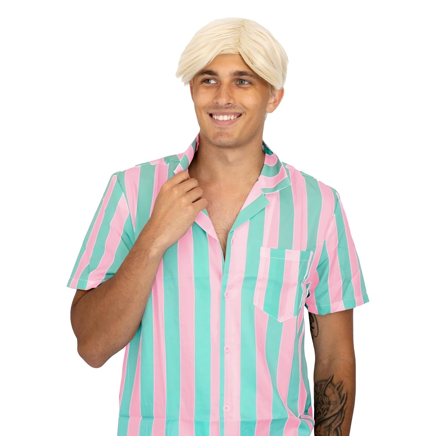 ' - Blonde Beach Dude Wig - Short Synthetic Layered Bleach Blond Doll Costume Hair for Men with Adjustable Wig Cap - WORLD TIME VISITS