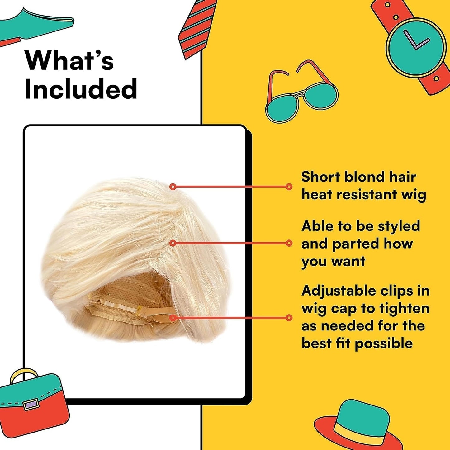 '- Blonde Beach Dude Wig - Short Synthetic Layered Bleach Blond Doll Costume Hair for Men with Adjustable Wig Cap