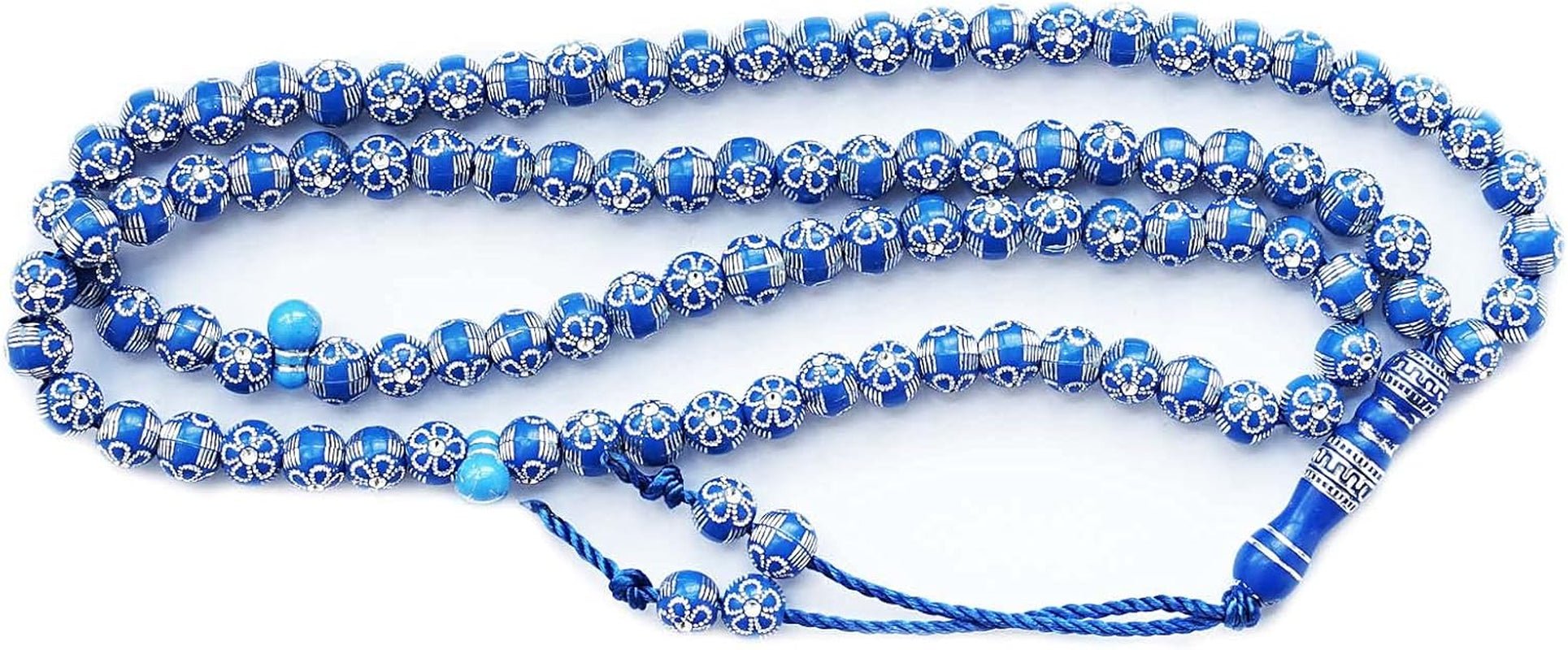 Blue 8Mm Acrylic Islamic Prayer Beads Necklace for Muslims (Unisex, 99 Beads, Silver, 24.5') - WORLD TIME VISITS