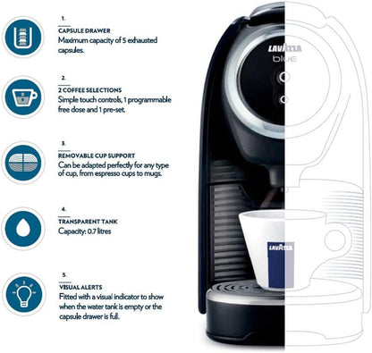 BLUE Classy Mini Single Serve Espresso Coffee Machine LB 300, 5.3" X 13" X 10.2" 2 Coffee Selections: Simple Touch Controls, 1 Programmable Free Dose and 1 Pre-Set