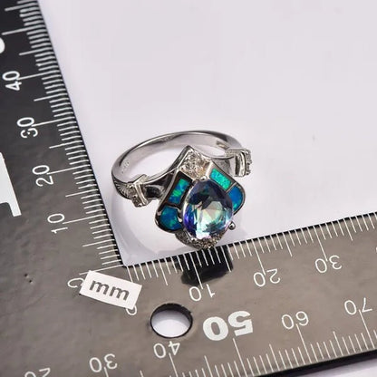 Blue Rainbow Topaz Blue Fire Opal 925 sterling silver Ring Size 6 7 8 9 10