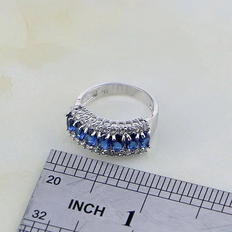 Blue Sapphire White Topaz 925 Silver Jewelry Sets for Women Earrings Pendant Necklace Rings Bracelets 4PCS