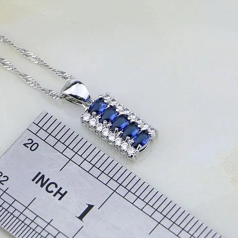 Blue Sapphire White Topaz 925 Silver Jewelry Sets for Women Earrings Pendant Necklace Rings Bracelets 4PCS
