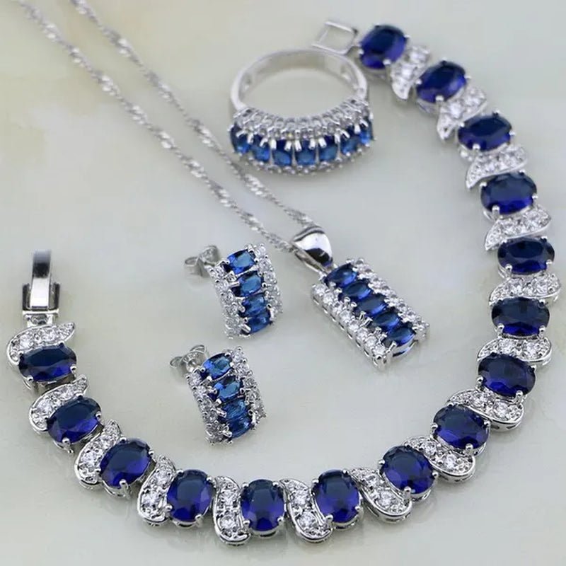 Blue Sapphire White Topaz 925 Silver Jewelry Sets for Women Earrings Pendant Necklace Rings Bracelets 4PCS - WORLD TIME VISITS