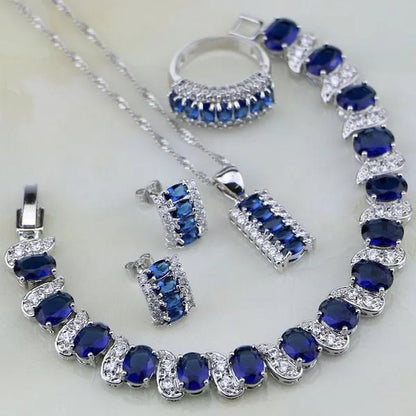 Blue Sapphire White Topaz 925 Silver Jewelry Sets for Women Earrings Pendant Necklace Rings Bracelets 4PCS