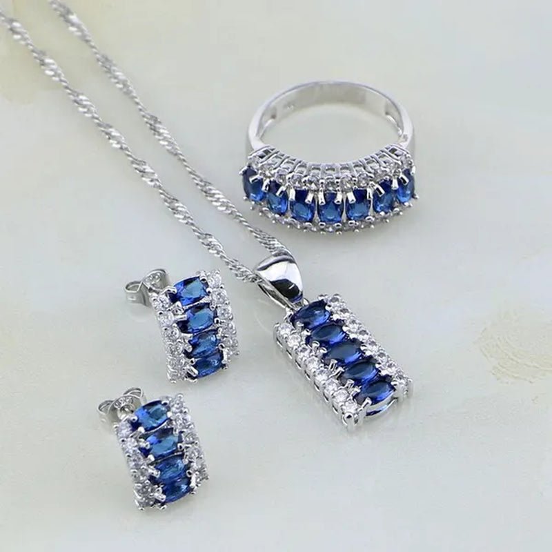 Blue Sapphire White Topaz 925 Silver Jewelry Sets for Women Earrings Pendant Necklace Rings Bracelets 4PCS - WORLD TIME VISITS