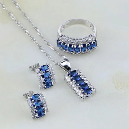 Blue Sapphire White Topaz 925 Silver Jewelry Sets for Women Earrings Pendant Necklace Rings Bracelets 4PCS - WORLD TIME VISITS