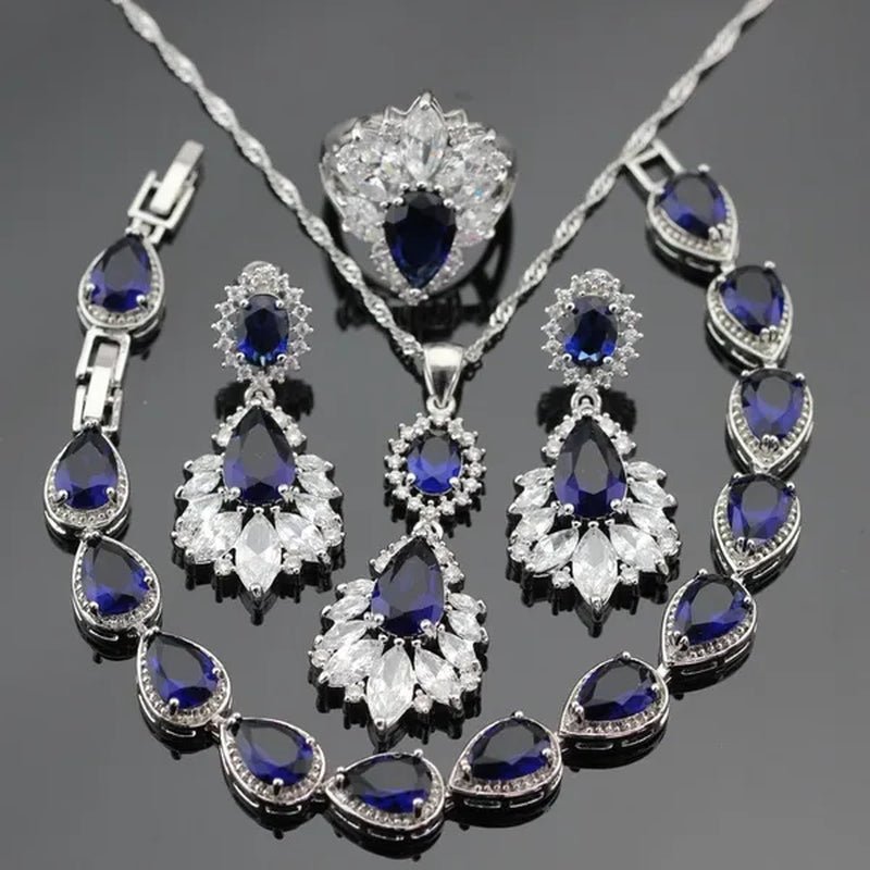 Blue Zircon With White Topaz Crystal Water Drop Shaped Silver Jewelry Sets Necklace Pendant Earring Ring Bracelet For Women - WORLD TIME VISITS