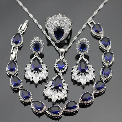 Blue Zircon With White Topaz Crystal Water Drop Shaped Silver Jewelry Sets Necklace Pendant Earring Ring Bracelet For Women - WORLD TIME VISITS